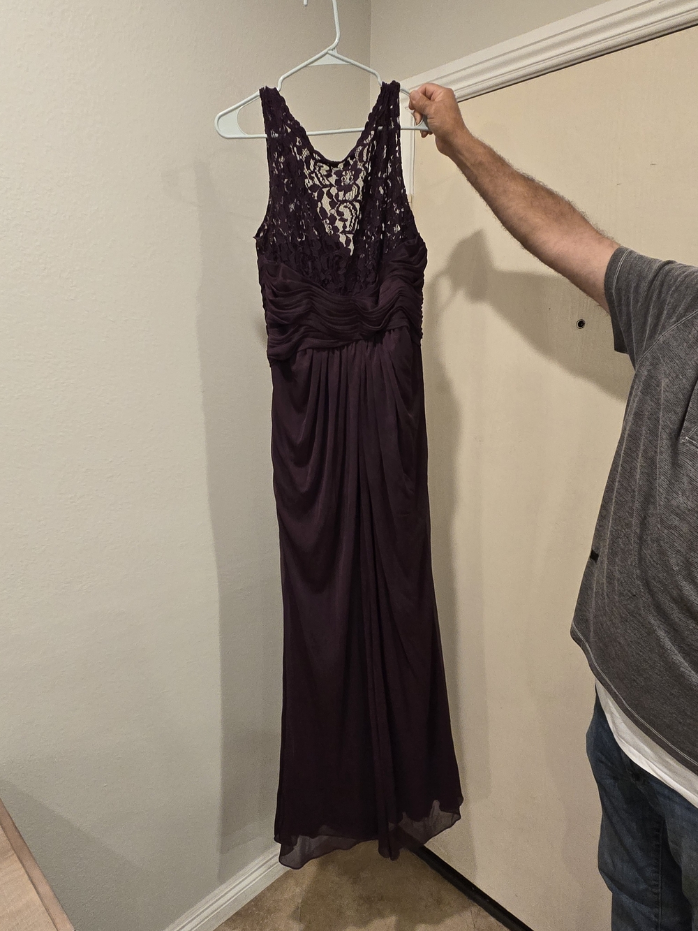 David's Bridal Lace-Back Chiffon Gown in Plum